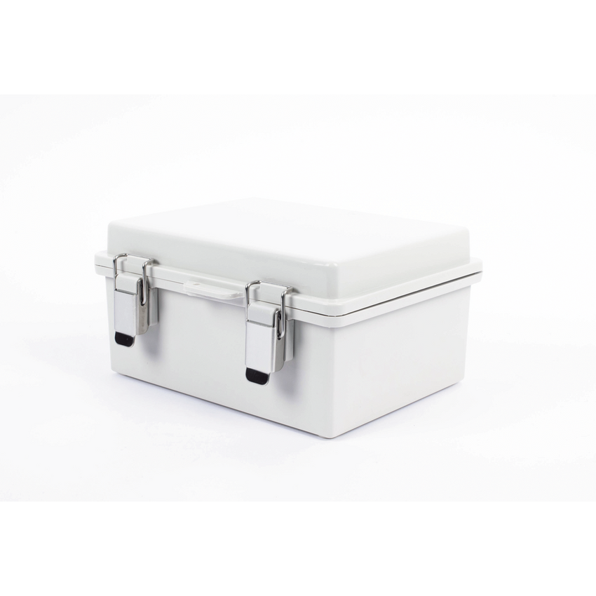 Gabinete de Plástico ABS, Uso en Intemperie IP66 (170 x 220 x 110 mm) Cierre por broche Inoxidable y Permite Cerrado con Candado y Llave (Perno 5mm) No Incluido