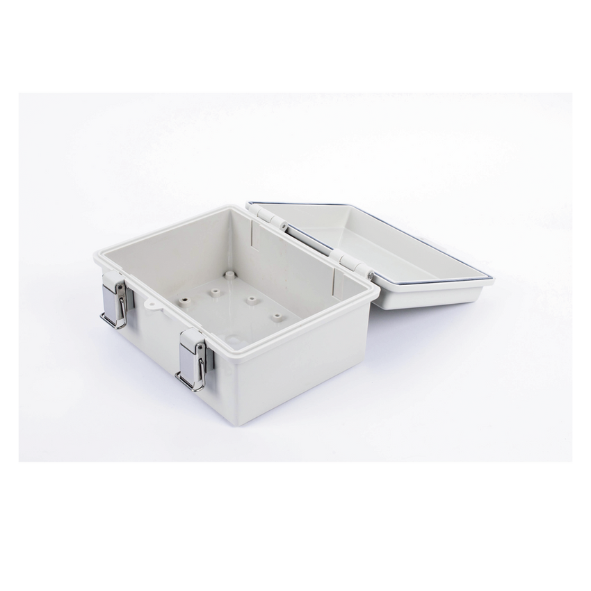 Gabinete de Plástico ABS, Uso en Intemperie IP66 (170 x 220 x 110 mm) Cierre por broche Inoxidable y Permite Cerrado con Candado y Llave (Perno 5mm) No Incluido