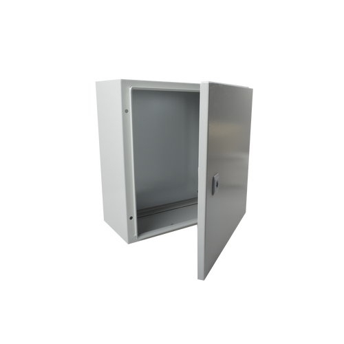Gabinete de Acero IP66 Uso en Intemperie (400 x 400 x 200 mm) con Placa Trasera Interior de Metal y Compuerta Inferior Atornillable (Incluye Chapa y Llave T).