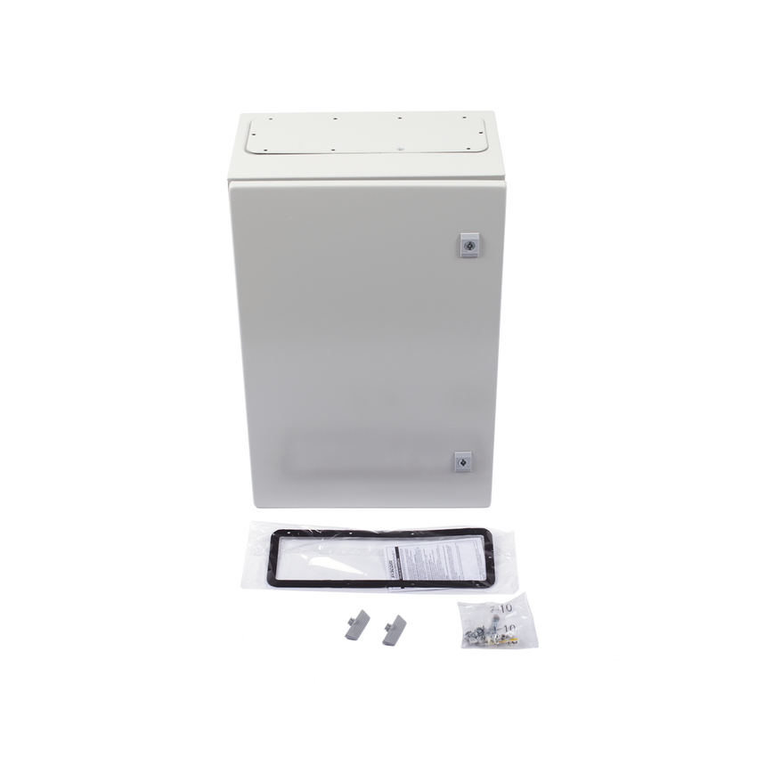 Gabinete de Acero IP66 Uso en Intemperie (400 x 600 x 250 mm) con Placa Trasera Interior Metálica y Compuerta Inferior Atornillable (Incluye Chapa y Llave T).