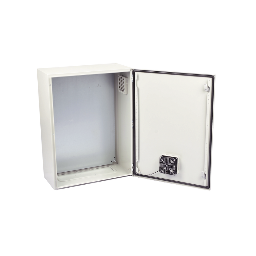 Gabinete Ventilado de Acero IP55 Uso en Exterior (400 x 600 x 250 mm) con Placa Trasera Interior Metálica y Compuerta Inferior Atornillable. Incluye Ventilador, Ventilas, filtros, Chapas y Llave T.