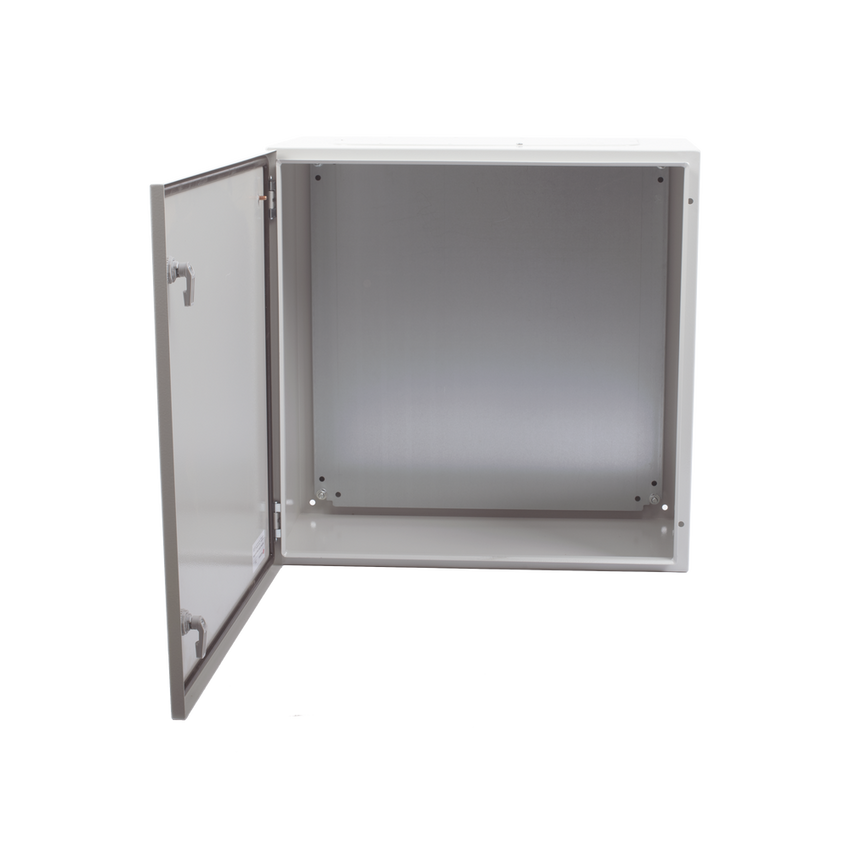 Gabinete de Acero IP66 Uso en Intemperie (600 x 600 x 300 mm) con Placa Trasera Interior Metálica y Compuerta Inferior Atornillable (Incluye Chapa y Llave T).