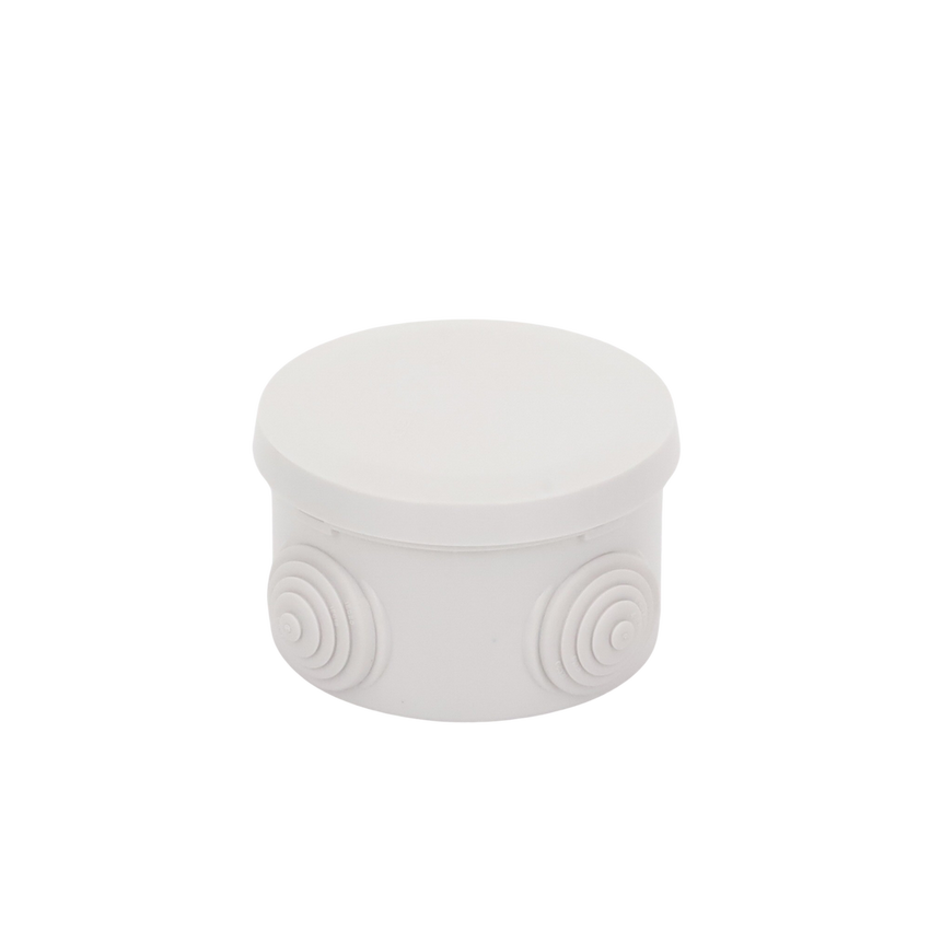 Caja Derivación-Conexión de Plástico Circular con 4 Glándulas de Goma (70 diámetro X 48 alto mm). Para Instalaciones Comerciales,  Residenciales e Industriales. Cerrado a Presión.