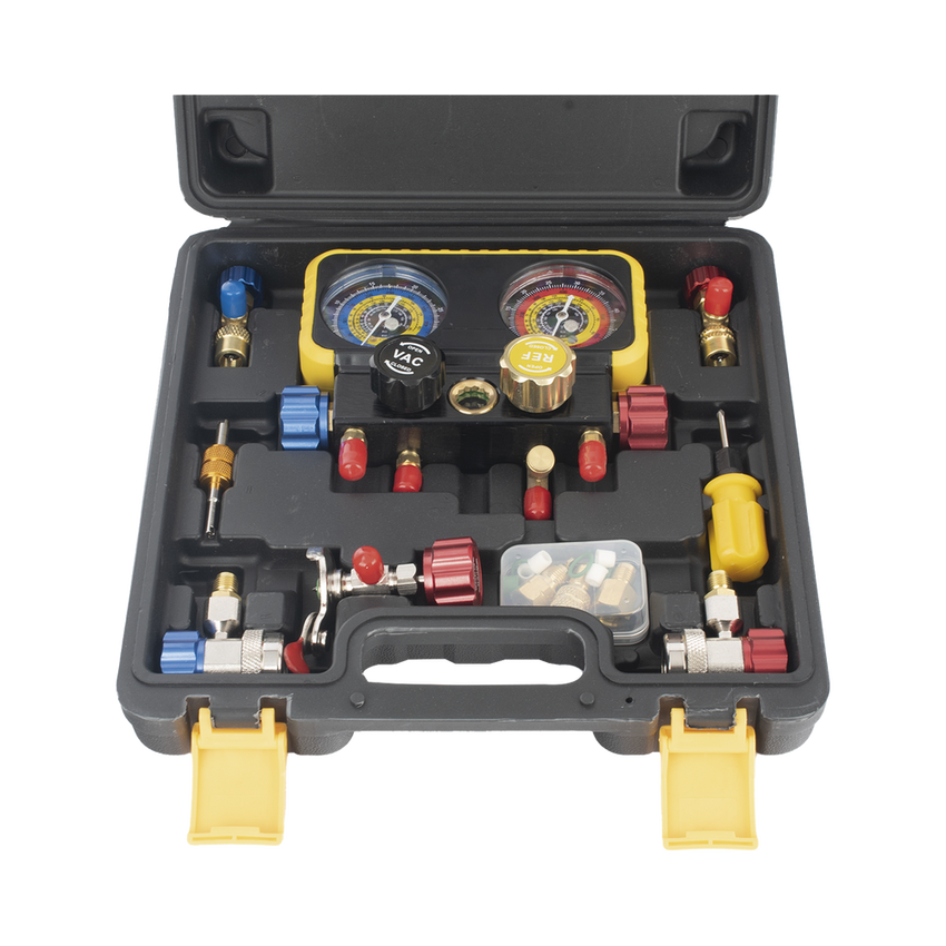 Manómetro de 4 vías con Accesorios para Gas refrigerante  R410A/ R32/ R134A/R22