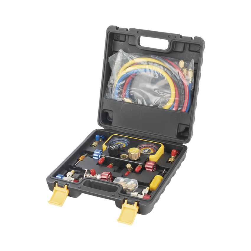 Manómetro de 4 vías con Accesorios para Gas refrigerante  R410A/ R32/ R134A/R22