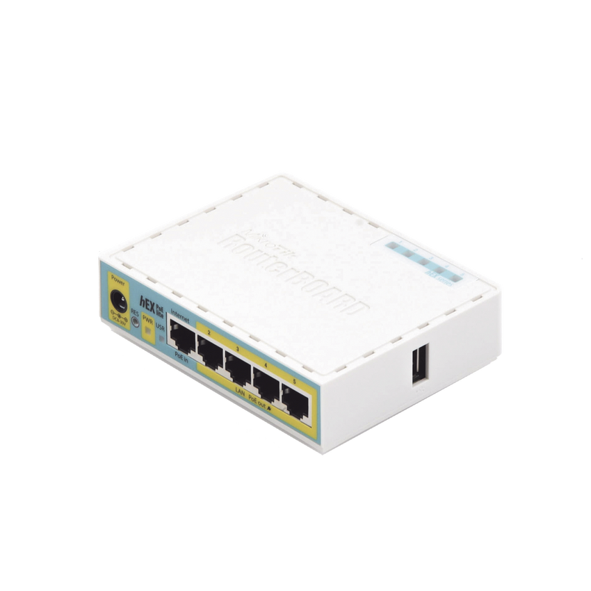 (hEX PoE LITE) RouterBoard, 5 Puertos Fast Ethernet, 4 con PoE Pasivo, 1 Puerto USB