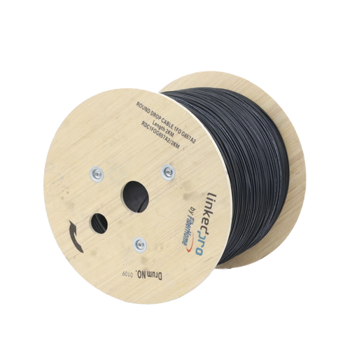 Carrete de 2 km de Fibra Óptica Aérea Tipo Drop Redonda (Figura 0) G.657A2, Monomodo, 1 Hilo, Forro de 3 mm