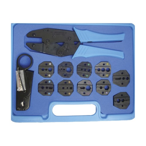 Kit en Estuche de Plástico con 10 Muelas para Instalar Conectores en Cables Coaxiales, Pinzas RFA-4005-20 y Desforradoras de Cable.