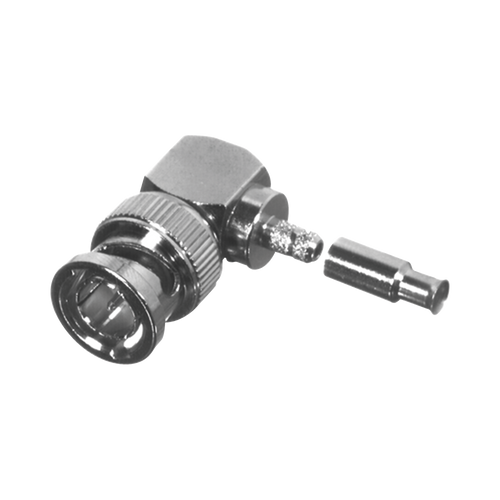 Conector BNC Macho en Ángulo Recto para 75 Ohm, Anillo Plegable para Cable RG-179/U, Grupo S, Níquel/ Oro/ Delrin.