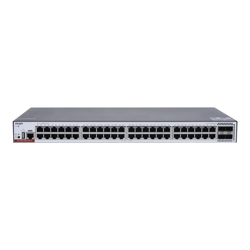RG-CS83-48GT4XS-PD Switch Administrable Capa 3 PoE con 48 puertos Gigabit 802.3af/at + 4 SFP+ para fibra 10Gb, hasta 1,480 watts, gestión gratuita desde la nube.