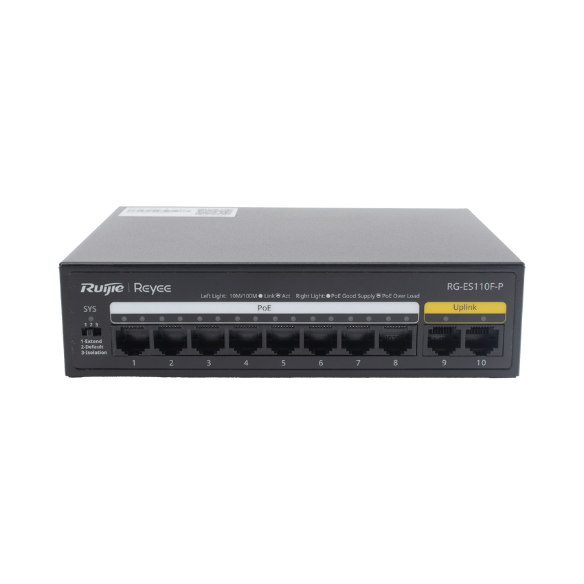 Switch PoE+ no Administrable, Hasta 110 Watts, 8 puertos PoE+ y 2 Uplinks 10/100
