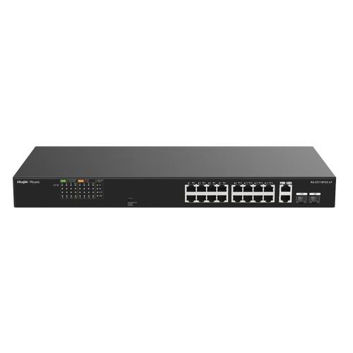 Switch PoE+ 120 Watts, No Administrable Ideal para CCTV, 16 Puertos 10/100, 2 Uplinks Gigabit y 2 SFP, Carcasa Metálica