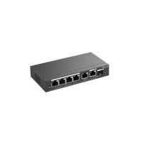 Switch Administrable con 4 puertos Gigabit PoE, 2 Uplink Gigabit y 1 Uplink Gigabit para Fibra SFP en combo, gestión gratuita desde la nube