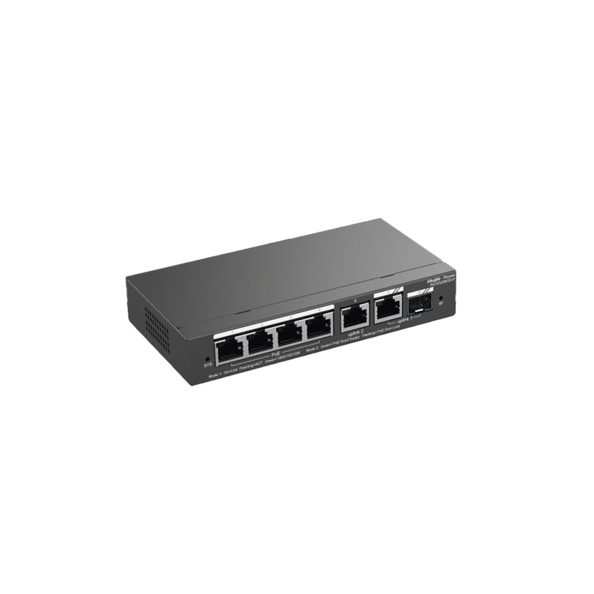 Switch Administrable con 4 puertos Gigabit PoE, 2 Uplink Gigabit y 1 Uplink Gigabit para Fibra SFP en combo, gestión gratuita desde la nube