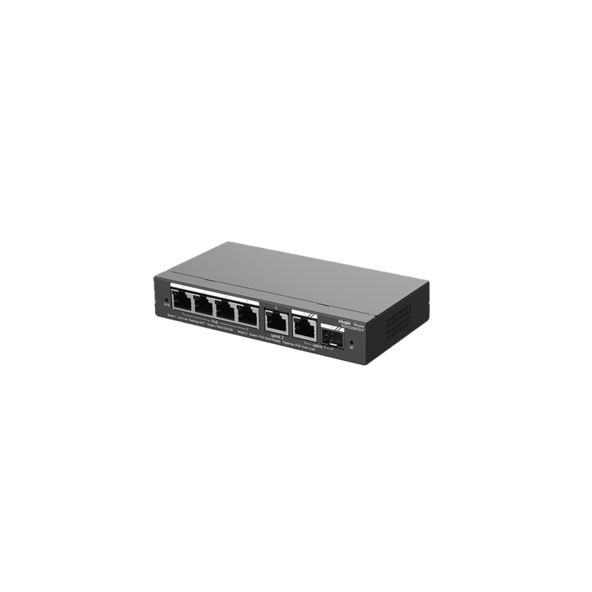 Switch Administrable con 4 puertos Gigabit PoE, 2 Uplink Gigabit y 1 Uplink Gigabit para Fibra SFP en combo, gestión gratuita desde la nube