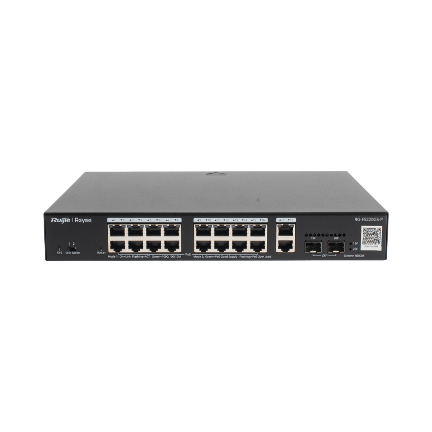 Switch L2 Administrable PoE con 16 puertos Gigabit PoE 802.3af/at + 2 SFP para fibra 1Gb, gestión gratuita desde la nube, 240w