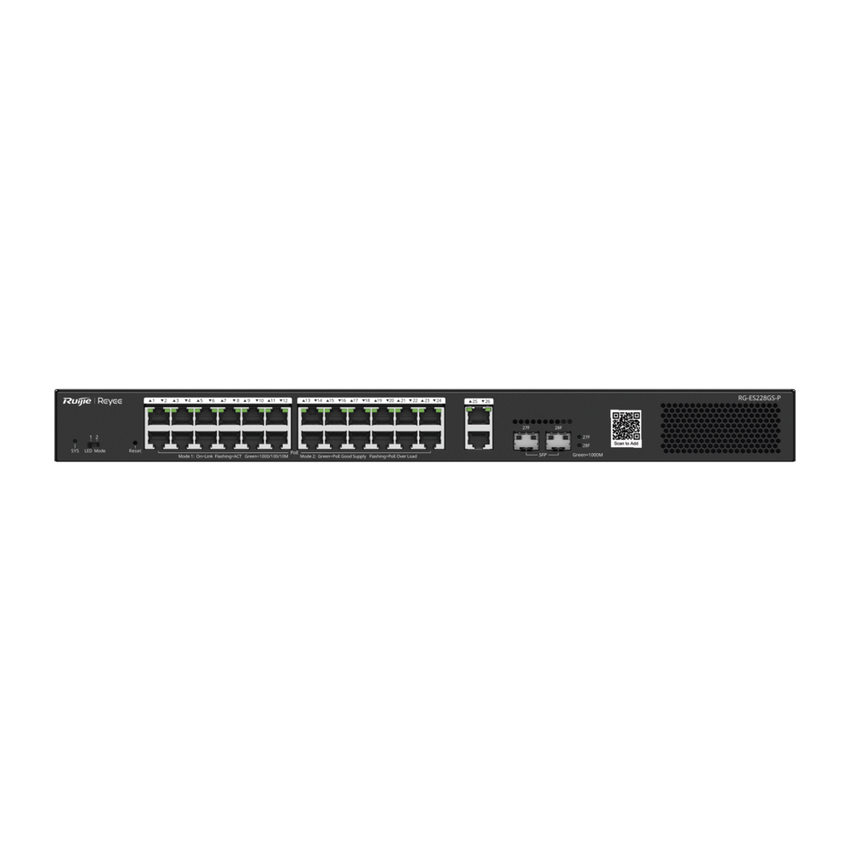 Switch Smart PoE con 24 puertos Gigabit PoE 802.3af/at + 2 SFP para fibra 1Gb, gestión gratuita desde la nube, 370w