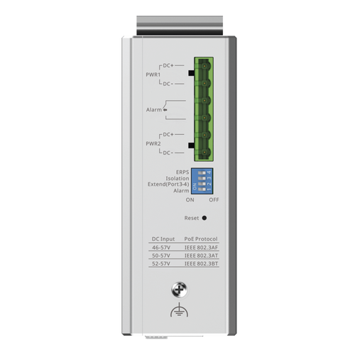 Switch Industrial PoE+ hasta 180 watts , Ideal para temperaturas Extremas y protección contra descargas, 1 puerto PoE++ 60W y 3 puertos PoE+ 30W, 2 SFP Uplink