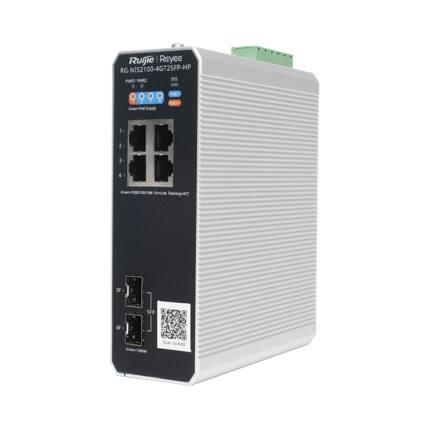 Switch Industrial PoE+ hasta 180 watts , Ideal para temperaturas Extremas y protección contra descargas, 1 puerto PoE++ 60W y 3 puertos PoE+ 30W, 2 SFP Uplink