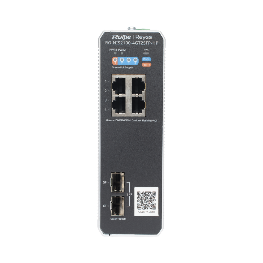 Switch Industrial PoE+ hasta 180 watts , Ideal para temperaturas Extremas y protección contra descargas, 1 puerto PoE++ 60W y 3 puertos PoE+ 30W, 2 SFP Uplink