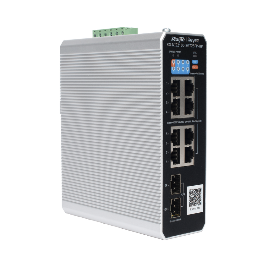 Switch Industrial PoE+ hasta 300 watts , Ideal para temperaturas Extremas y protección contra descargas, 1 puerto PoE++ 60W y 7 puertos PoE+ 30W, 2 SFP Uplink