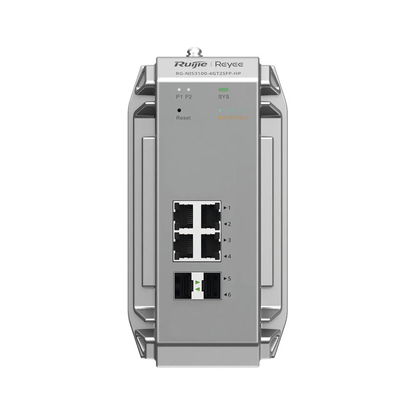 Switch Industrial PoE hasta , Ideal para temperaturas Extremas y protección contra descargas, 4 Puertos Gigabit PoE 802.3 af/at, 2 puertos SFP Administrable Cloud
