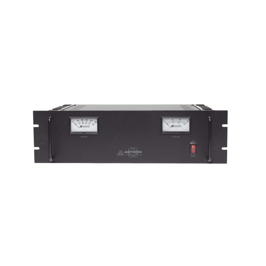 Fuente de poder 13.8Vcc, 50A, lineal regulada con circuito cargador de baterías, medidores, para instalación en rack