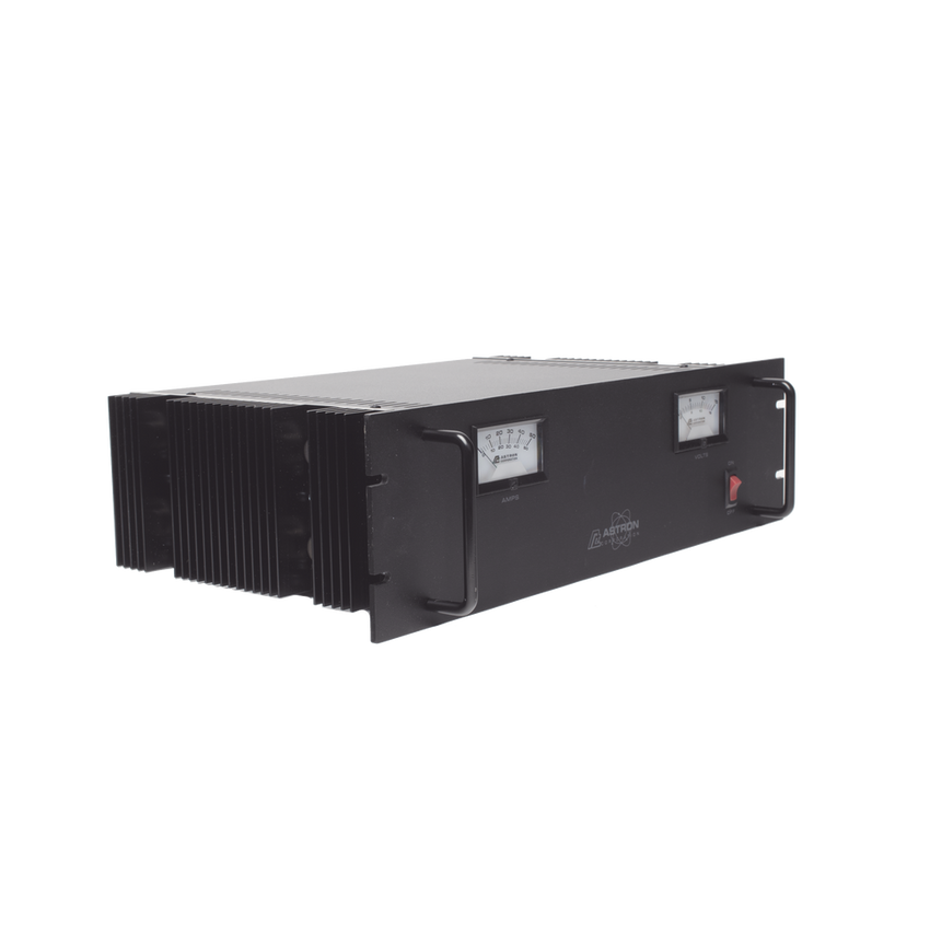 Fuente de poder 13.8Vcc, 50A, lineal regulada con circuito cargador de baterías, medidores, para instalación en rack