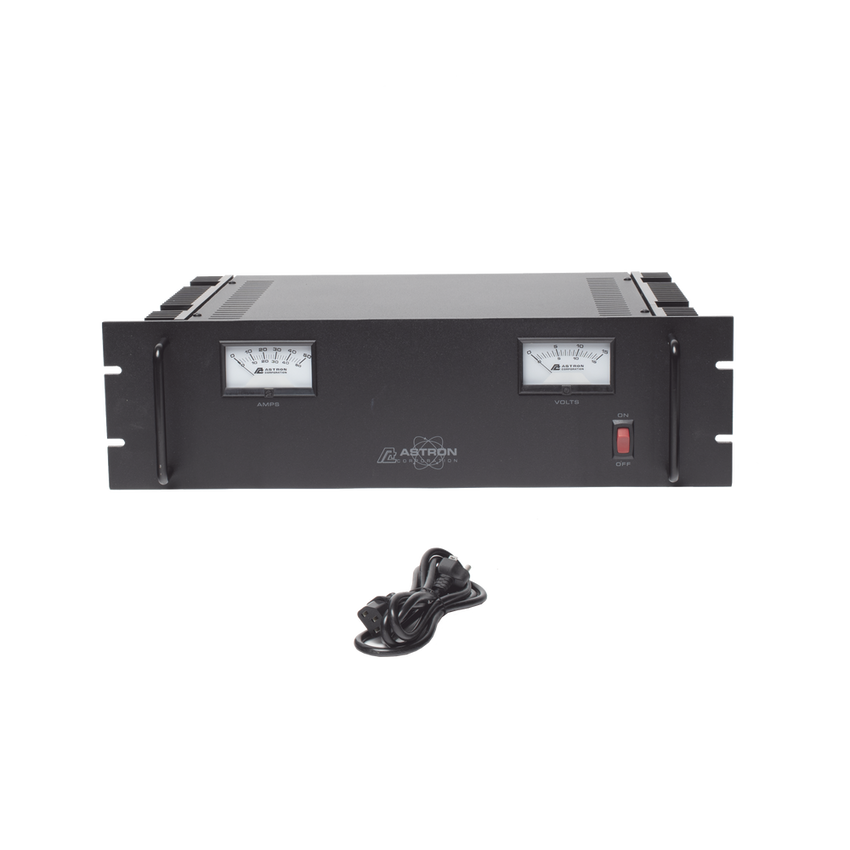 Fuente de poder 13.8Vcc, 50A, lineal regulada con circuito cargador de baterías, medidores, para instalación en rack