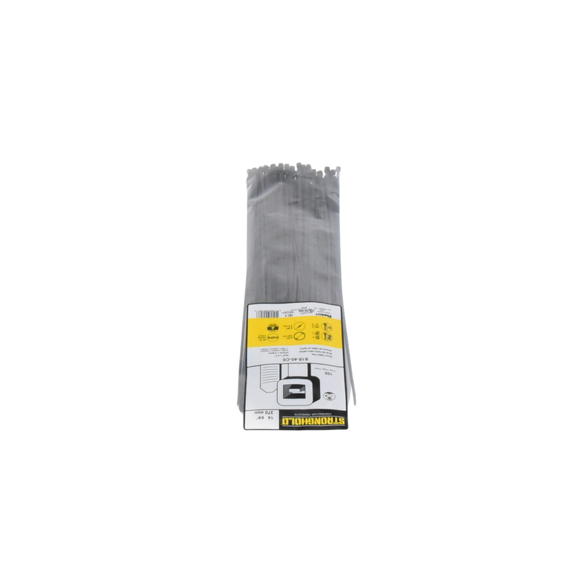 Cincho de Nylon 6.6 StrongHold™, 370mm largo x 3.6mm ancho, Color Negro, Exterior Resistente a Rayos UV, Paquete de 100pz