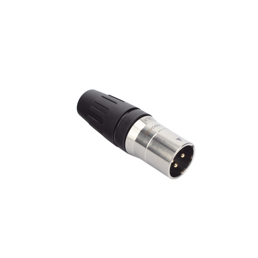 CONECTOR MACHO XLR DE 3 NÚCLEOS CON CARCASA DE ACERO INOXIDABLE Y CONTACTOS CHAPADOS EN ORO