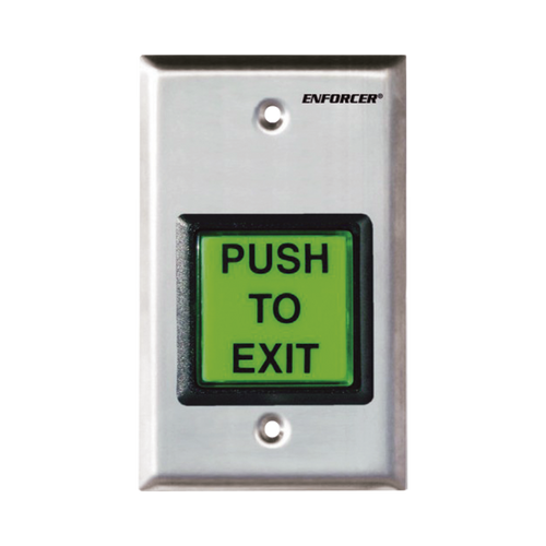Botón de Salida / Con Iluminación / Con Placa de Pared de Acero Inoxidable / IP65 / Voltaje 12 / 24 Vcd / Mensaje de Idioma Intercambiable / 3 Placas de Idioma Incluidas