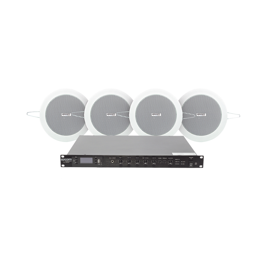 KIT de Amplificador de 120W para Rack | 4 Altavoces de Plafón de 4in | 3 - 6W | Sistema 70/100V