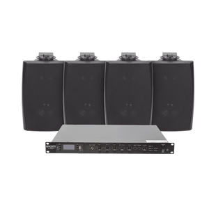 KIT de Amplificador de Audio 120W para Rack | 4 Altavoces de Pared color Negro 2.5W - 20W | Sistema 70/100V