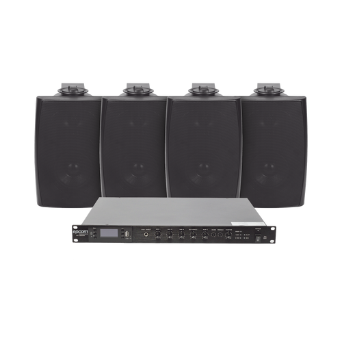 KIT de Amplificador de Audio 120W para Rack | 4 Altavoces de Pared color Negro 2.5W - 20W | Sistema 70/100V