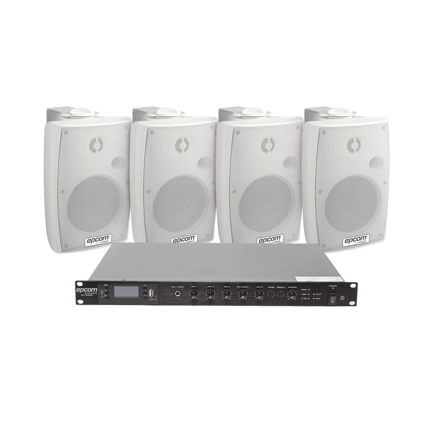 KIT de Amplificador de Audio 120W para Rack | 4 Altavoces de Pared color Blanco 2.5W - 20W | Sistema 70/100V