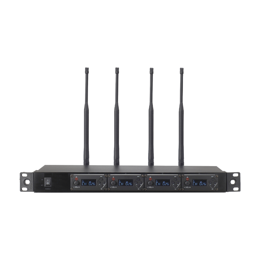 Receptor UHF para 4 micrófonos inalámbricos / Pantalla LCD de cristal liquido