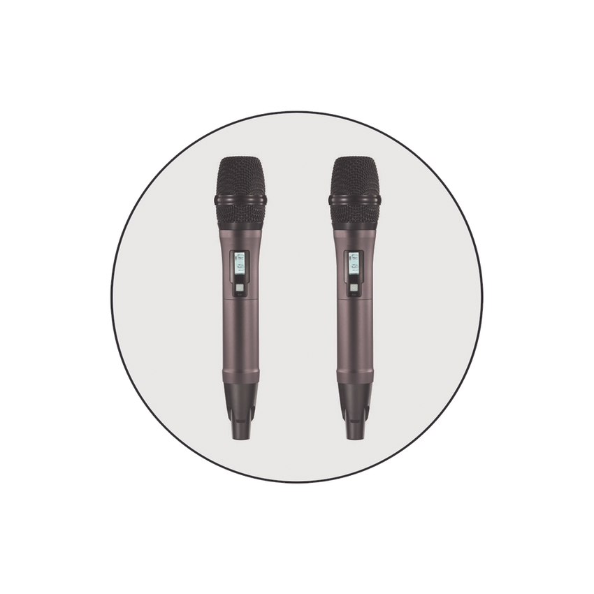 Kit de Microfonía inalámbrico | 2 Micrófonos de mano | Receptor UHF | Pantalla LCD | 200 Canales | Gran cobertura