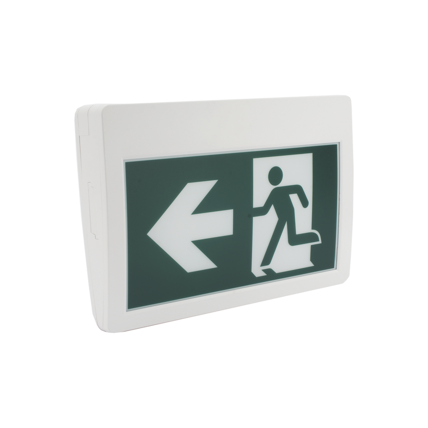 Letrero LED de Señalización de salida "Hombre Corriendo"/ Alto brillo / Uso en pared, lateral o techo / Batería de Respaldo Incluida con hasta 120 minutos de duracion