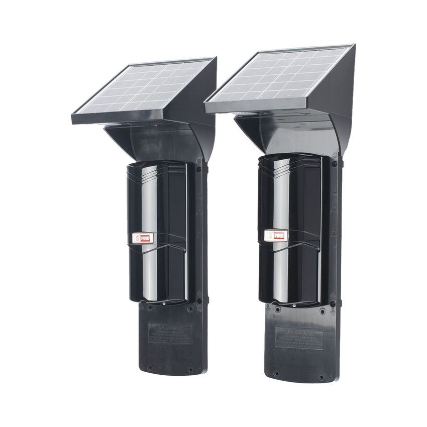 Detector fotoelectrico con celda solar ; DE 2 RAYOS; alcance exterior 60 m / interior 120 m, 4 frecuencias / Para ambientes donde no hay electricidad