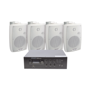 KIT de Amplificador de 120W para Escritorio | 4 Altavoces de Pared color Blanco 2.5W - 20W | Sistema 70/100V