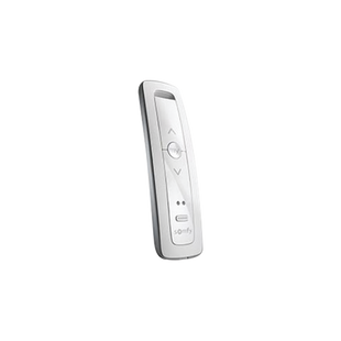 Control remoto 2 canales para motores de persiana Somfy con señal inalámbrica, instrucciones: sube, baja y detener, con posición favorita programada.