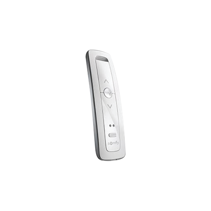 Control remoto 2 canales para motores de persiana Somfy con señal inalámbrica, instrucciones: sube, baja y detener, con posición favorita programada.