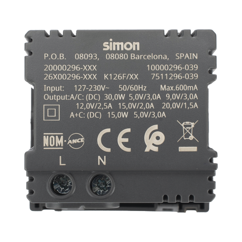 Módulo Doble USB Tipo A+C / Carga Rápida 30W / Color Grafito / Compatible con Torres y Cajas Simon / Modelo: (K126F/14)