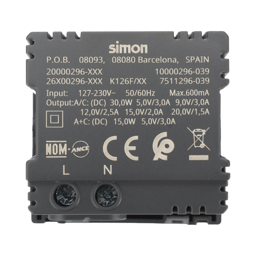 Módulo Doble USB Tipo A+C / Carga Rápida 30W / Color Grafito / Compatible con Torres y Cajas Simon / Modelo: (K126F/14)