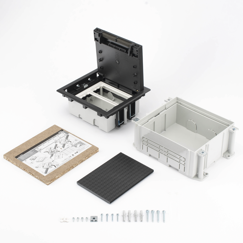 Caja de Suelo Simon Serie S / Para Voz, Datos o Contactos Eléctricos / Capacidad para 2 Módulos / Con Registro Integrado para Fijación en Concreto / Profundidad Ajustable de 70 a 100 mm (2.76 a 3.94 pulgadas) / Alta Resistencia Mecánica y Térmica