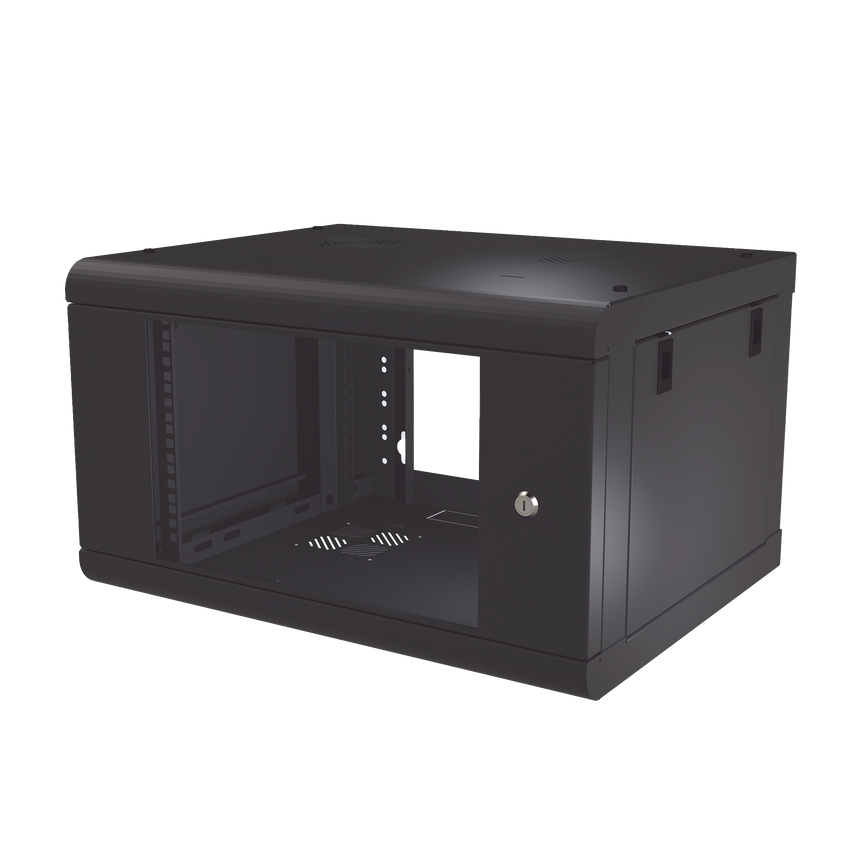 Gabinete de Pared de 6U con Puerta de Cristal Templado, 479.5 mm de Profundidad, Rack de 19'', Acero Reforzado Color Negro.