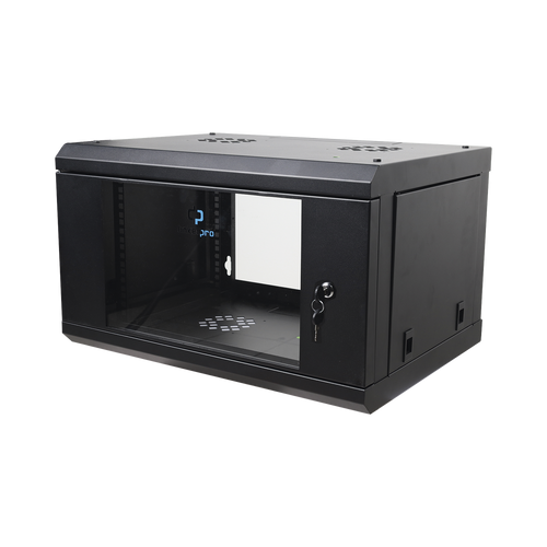 Gabinete de Pared de 6U con Puerta de Cristal Templado, 455 mm de Profundidad Total, Rack de 19in, Acero Reforzado Color Negro.