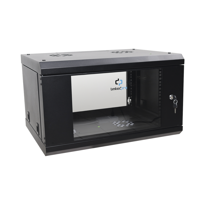 Gabinete de Pared de 6U con Puerta de Cristal Templado, 455 mm de Profundidad Total, Rack de 19in, Acero Reforzado Color Negro.