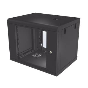 Gabinete de Pared de 9U con Puerta de Cristal Templado, 479.5 mm de Profundidad, Rack de 19'', Acero Reforzado Color Negro.